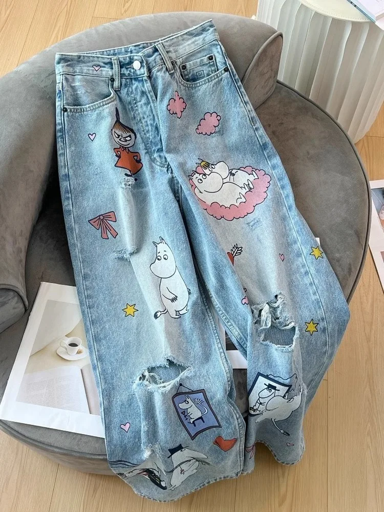 

Ретро американский мультфильм с крапчатым принтом, высокая талия, широкие джинсы, повседневные свободные летние модные женские брюки, синие