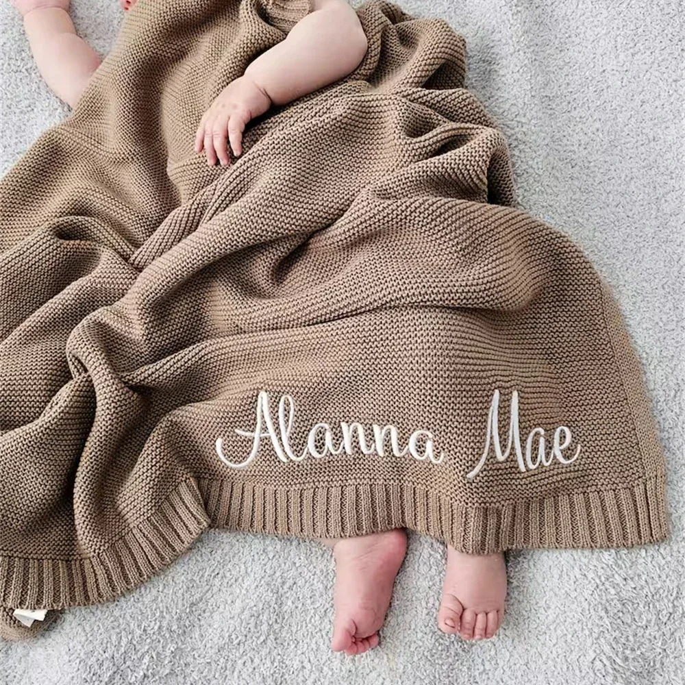 Knitted Baby Blanket Personalized Name Baby Shower Newborn Baby Gift Soft Breathable Blanket Embroidered Kids Cotton Nap Blanket