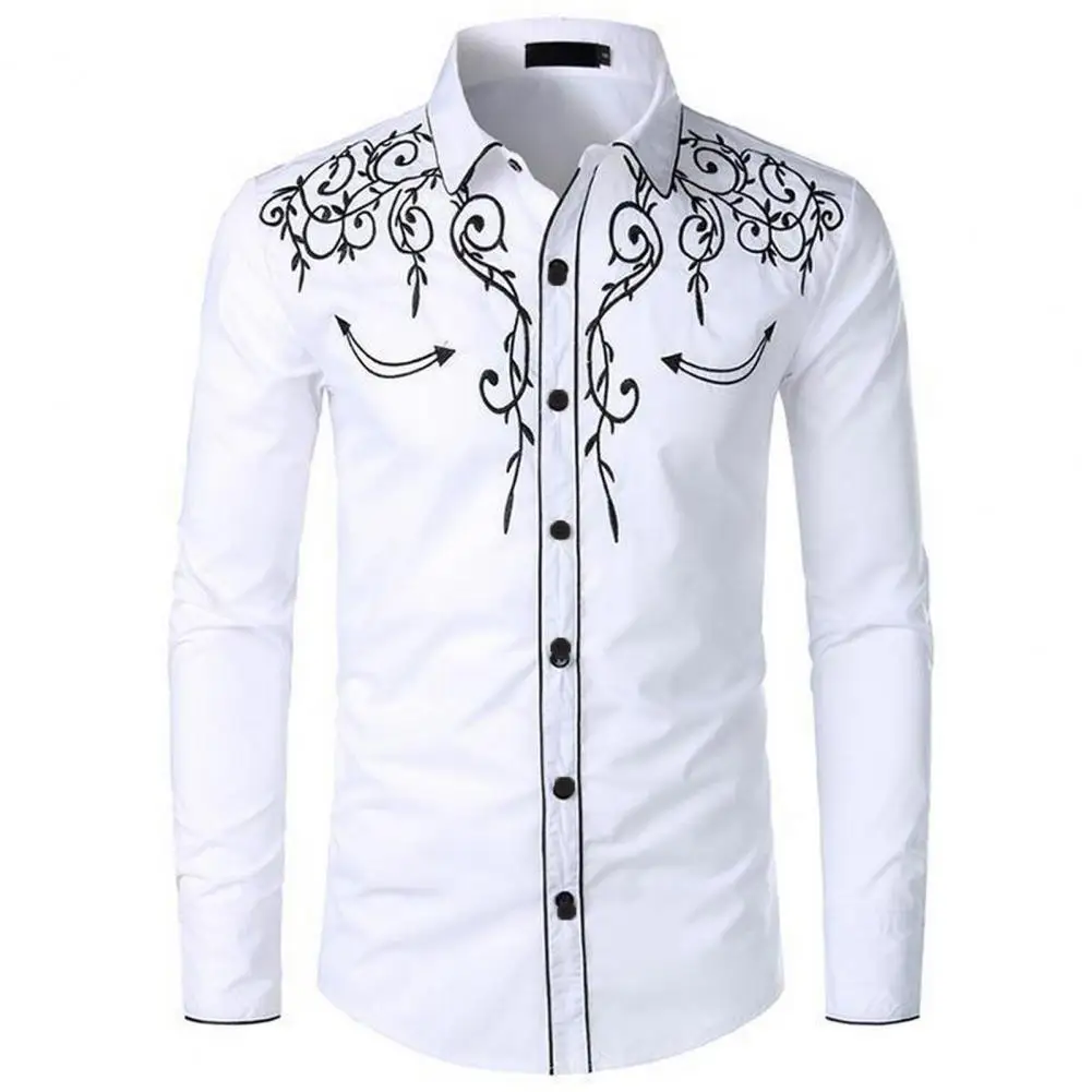 Shirt Top Embroidered Slim Fit Western Cowboy Shirt Lapel Collar Single-breasted Long Sleeve Stylish Men's Top for A Trendy Look