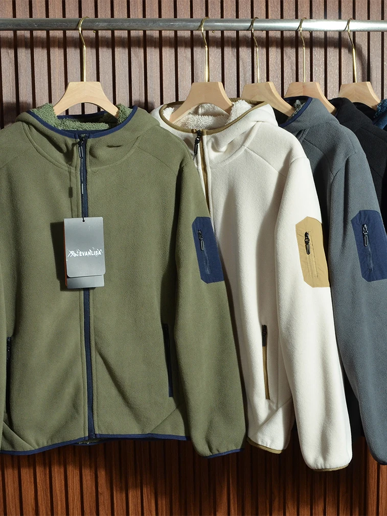 

Мужская теплая куртка с капюшоном из утолщенного флиса с подкладкой из овечьей шерсти, молодежная, приталенная, с длинными рукавами, на молнии