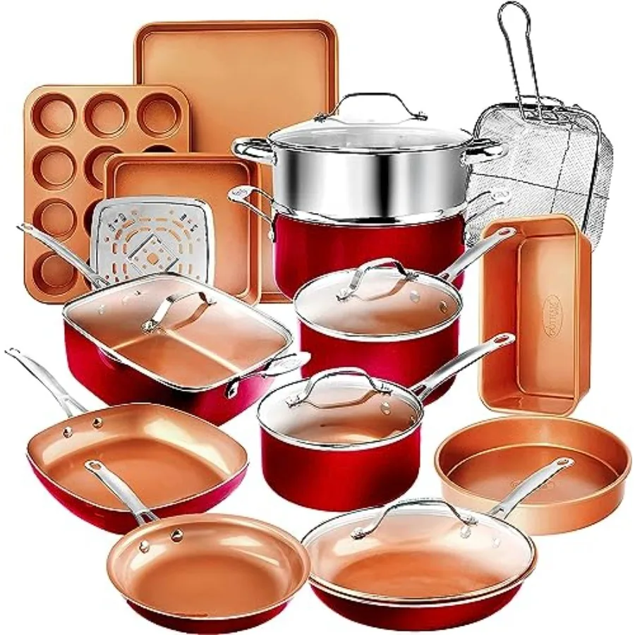

20 Pc Ceramic Nonstick Pots and Pans + Bakeware Set for Kitchen, Gray with Black Handles, Dishwasher and Oven Safe, Non Toxic