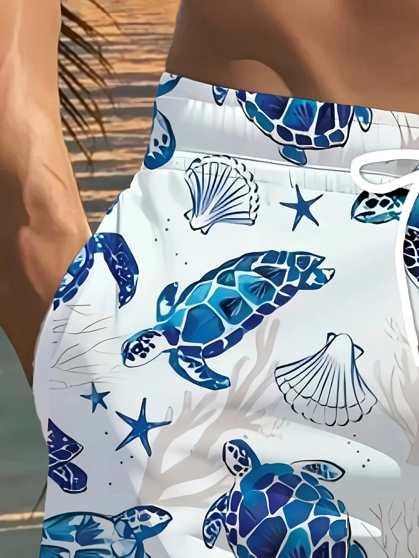 Men's Blue Sea Turtle Print Beach Shorts, Quick Dry Summer Swim Trunks with Pockets, Ocean Animal Casual Board Shorts