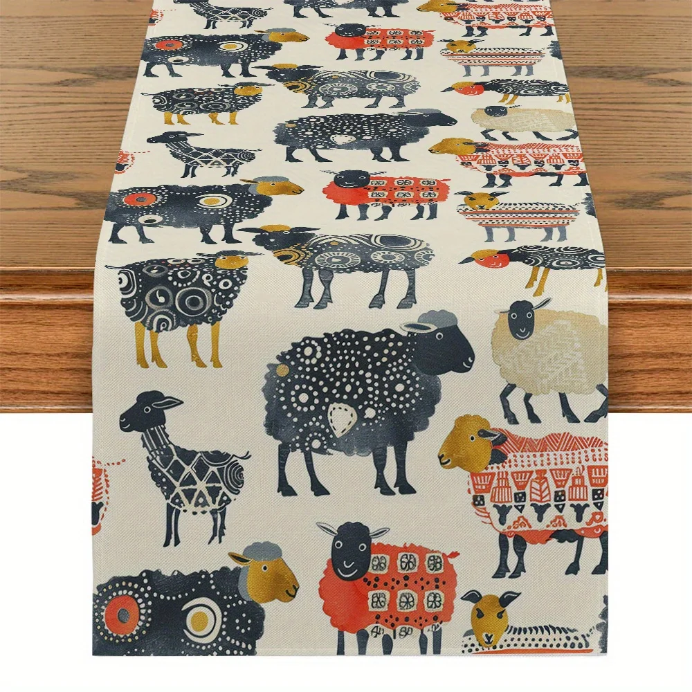 Bohemian Farmhouse Cow Sheep Pastoral Print Polyester Table Runner Durable Rectangular Kitchen Dining Home Party Vibrant Table D