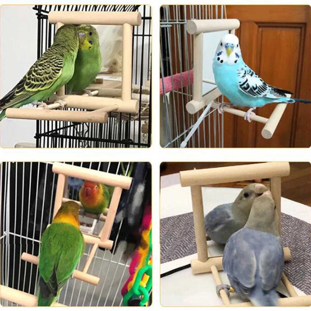 Bird Mirror with Wooden Perch Interactive Hanging Toy Game for Parrot Budgie Parakeet Cocker Conure Finch Budgie Bird Supplies