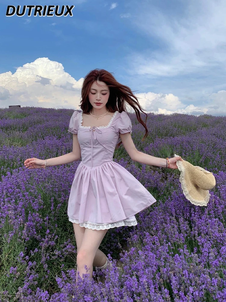 French Style Gentle Sweet Girls Square Collar Puff Short Sleeve Dress Summer Pure Hot Girl Waist-Tight Purple Puff Dresses
