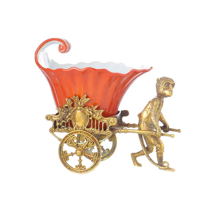 All copper monkey pull cart ceramic fruit plate handicrafts living room wine cabinet creative home decoration ornament