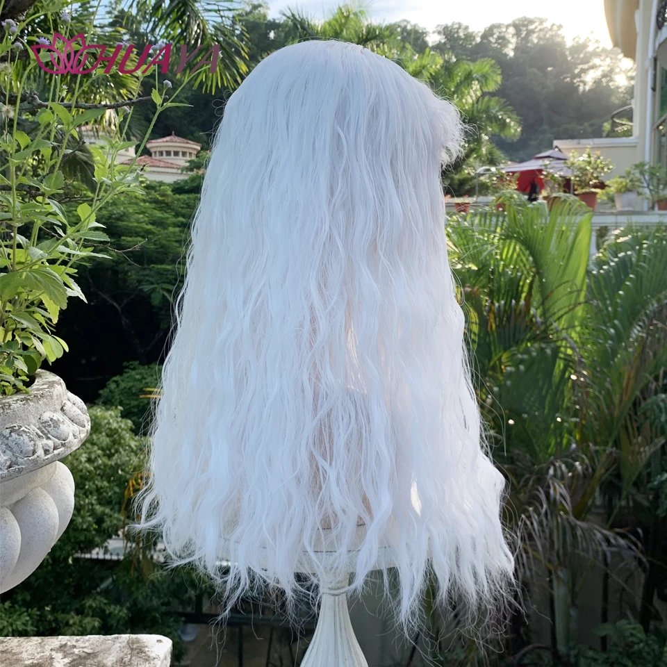 HUAYA Synthetic White Long Wave Curly Wigs for Women Natural Wave Wigs with Bangs Heat Resistant Cosplay Hair