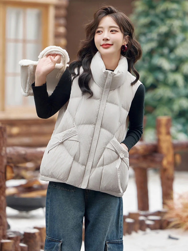 Jesienno-zimowa krótka kamizelka puchowa z wysokim kołnierzem, z białego puchu kaczego, bez rękawów, zapinana na zamek, ciepła kamizelka damska, odzież wierzchnia JJ1080