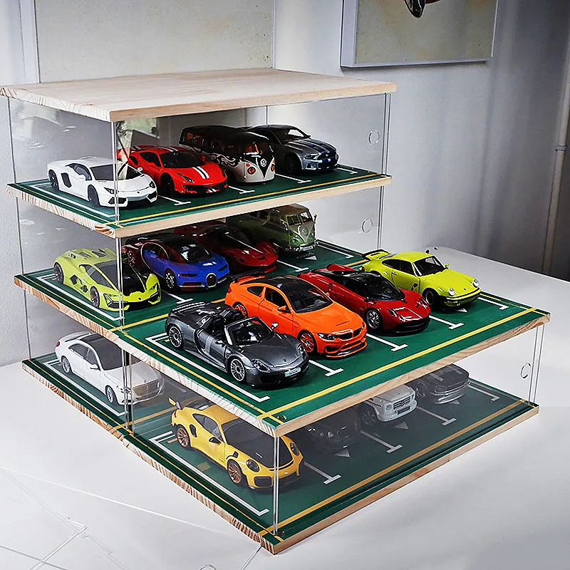 Scale Diorama 1/24 Garage Model Cars Collection Acrylic Miniatur Car Parking Lot Model Display Case With Shelf Model Car Toy