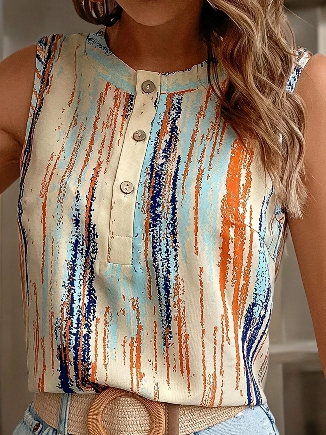 

Женский модный топ без рукавов с цветным принтом размера плюс 1XL-5XL, элегантный вязаный жилет из полиэстера с пуговицами, одежда