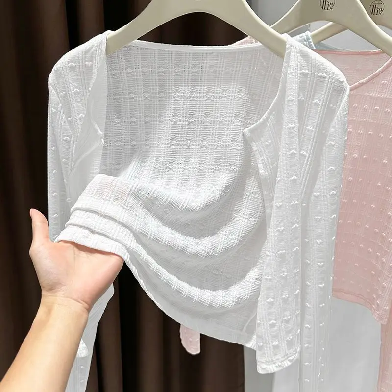 Ice Silk Lace Shoulder Wrap Women's Summer Thin Outerwear with Strap Dress Air Conditioner Covering Cardigan Coat