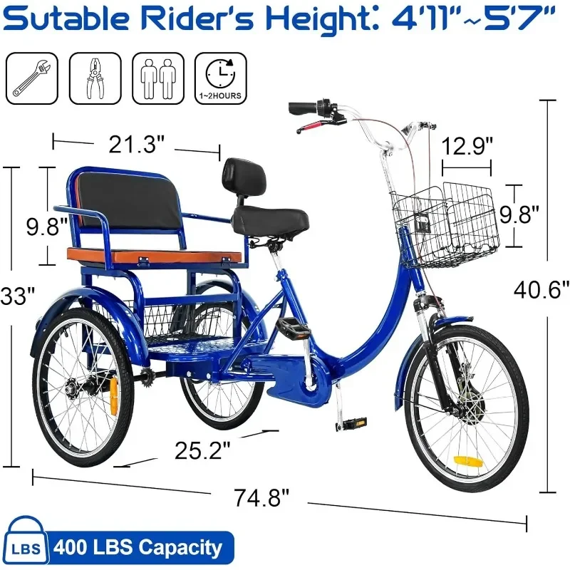 Adult Tricycle, 20 Inch 3-Wheel Bikes Trike for Adults Passengers Seat Low Step-Through Cruiser Bike Adult Tricycles for Women