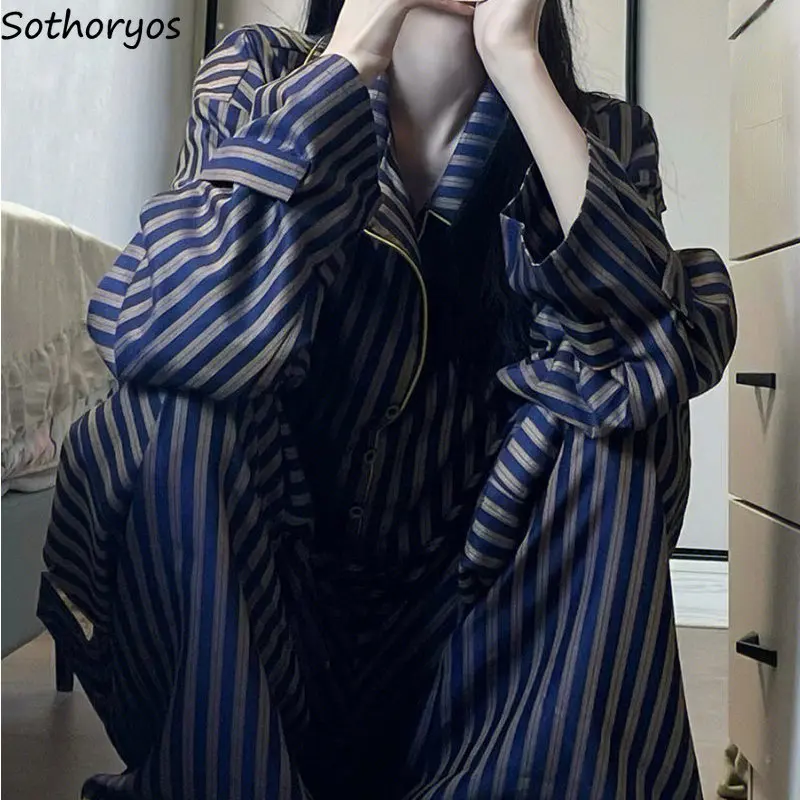 

Pajama Sets Women New Spring Vintage Leisure Striped Loose Sleepwear Turn-down Collar Female Comfortable Chic Ins OOTD Fashion