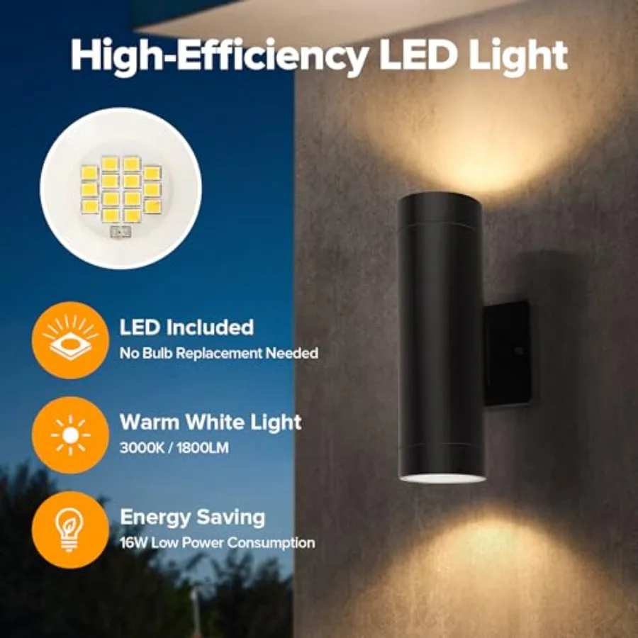 Dusk to Dawn Outdoor Wall Lights, 16W Integrated LED Cylinder Up-Down Sconce, 3000K Waterproof Aluminum Exterior Lighting, Matt