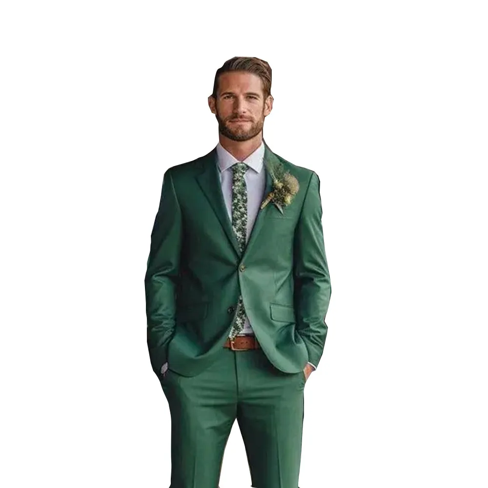 Fashion Green Wedding Suits for Men Two Piece Chic Notch Lapel Single Breasted Groom Best Man Tuxedo Slim Fit (Jacket+Pants)