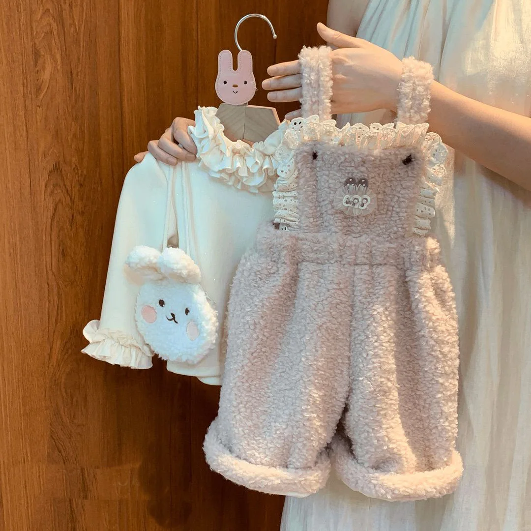 

Winter Children Girl 2PCS Clothes Set Ruffle Collar Kids Girl Undershirt Suit Lace Cartoon Baby Girl Fleece Strappy Pants Outfit