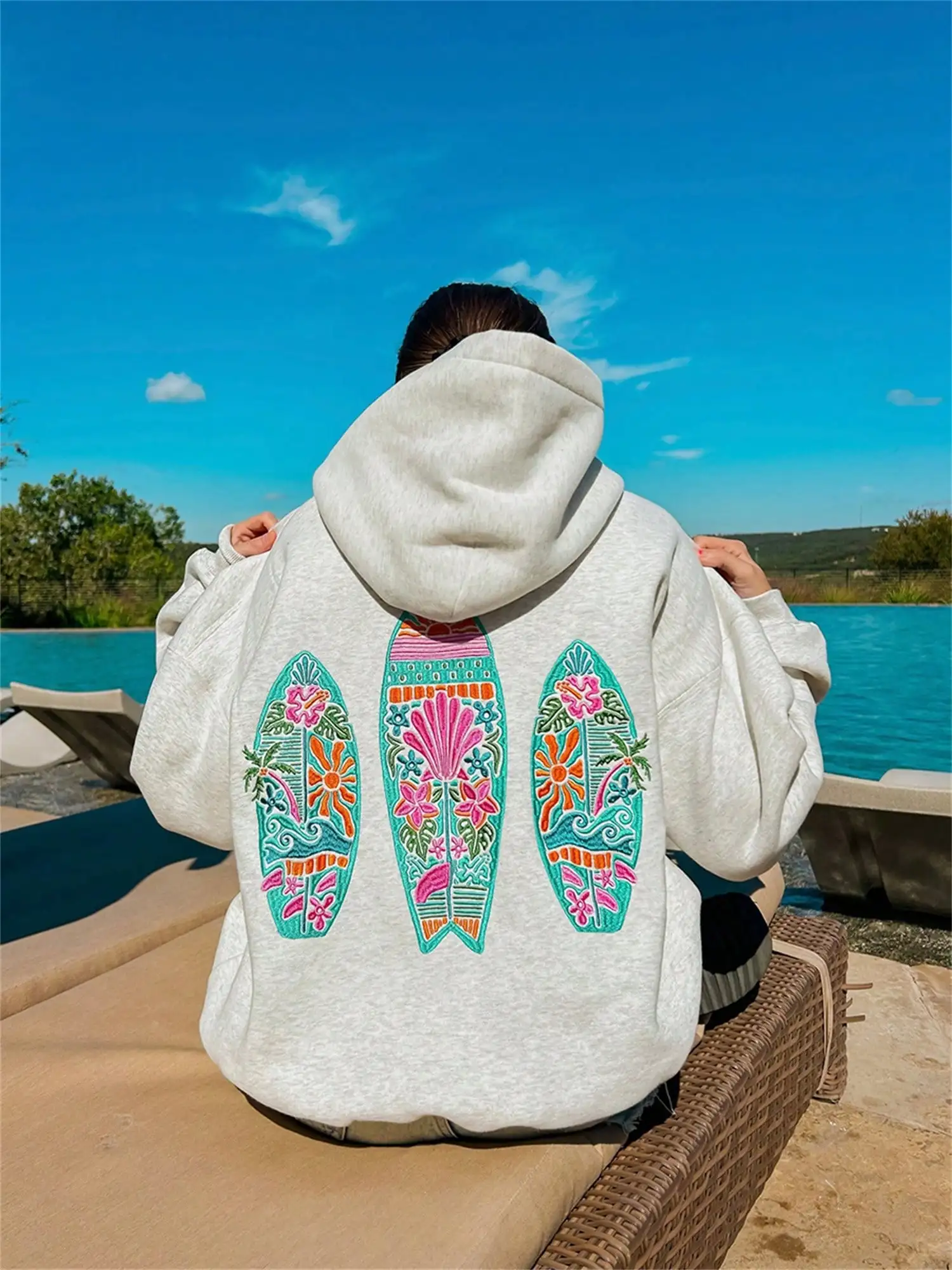 

Оверсайз худи с вышивкой в виде тропической доски для серфинга для женщин и мужчин