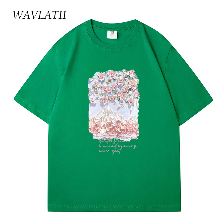 WAVLATII Women 100% Cottom Summer T shirts Female Lavender Streetwear Printed Tees Lady Green Casual Short Sleeve Tops WT2328