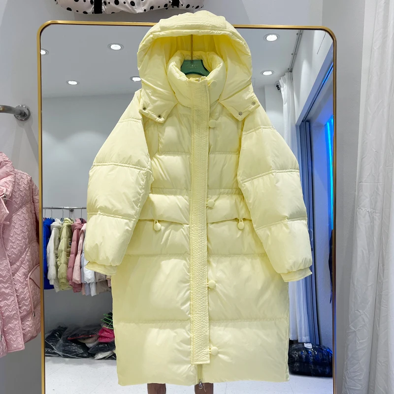 Winter Korean Hooded Mid-length White Duck Down Parka Loose Casual Stand Collar Long Sleeve Female Warm Puffer Jacket Overcoat