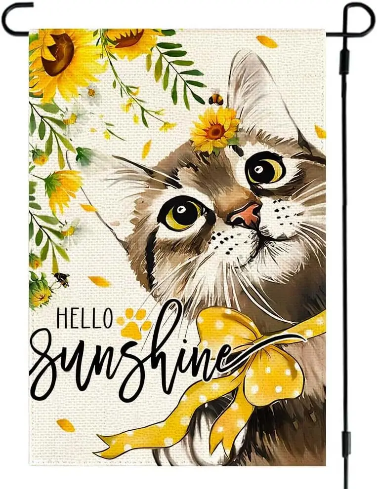 RABUSOFA Cat Summer Garden Flag 12x18 Inch Double Sided for Outside, Hello Sunshine Sunflower Seasonal Small Yard Flag Outdoor D