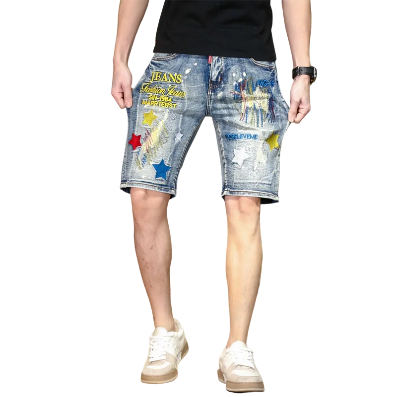 High-end ripped denim shorts Men's straight stretch five-minute pants letter broken holes embroidery men's models