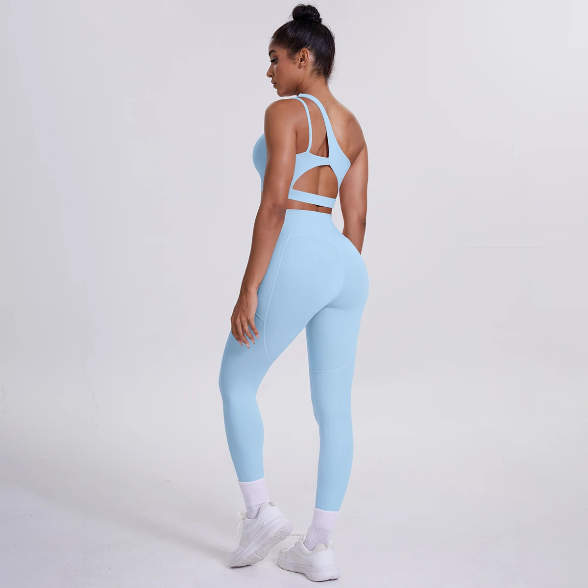 Conjunto de sutiã de ombro inclinado de cor sólida e calças de yoga para mulher legging de secagem rápida fitness esportes ginásio yoga conjunto