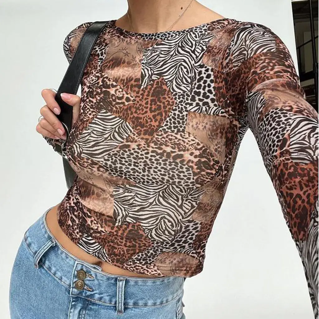 Combhasaki Damskie koszulki Y2K Vintage Leopard Zebra Print Cropped Tops with Bow Tied Backless Boat Neck Long Sleeve Slim Fit T-Shirts