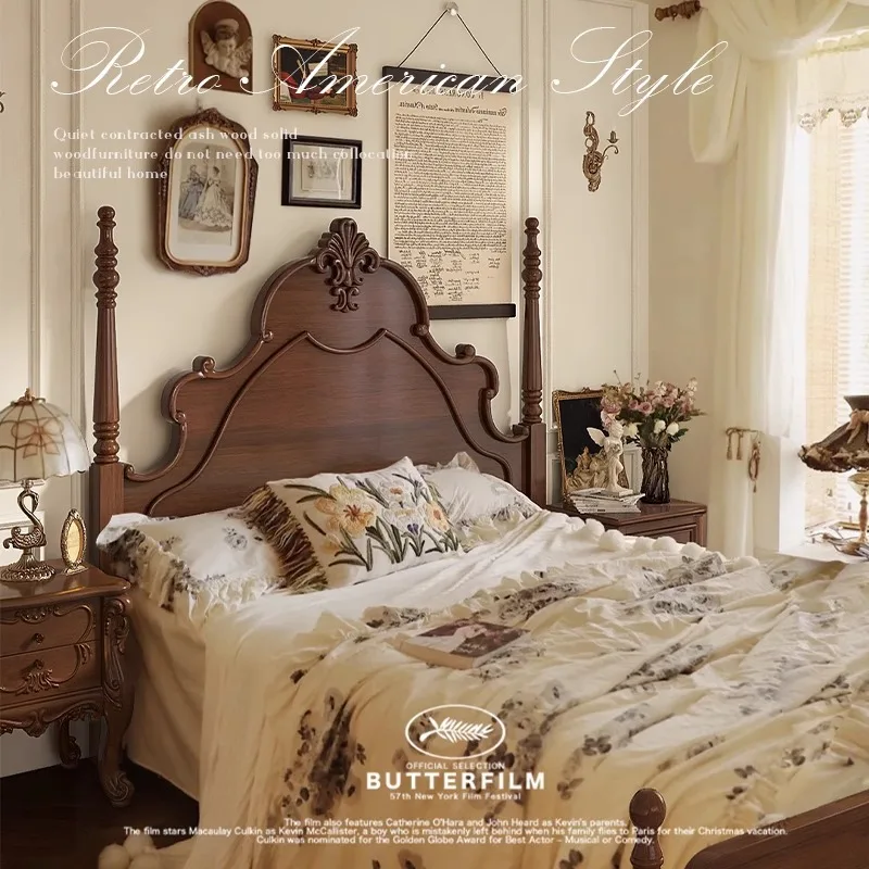 American rural solid wood bed modern simple 1.8m double bed master bedroom high-end atmosphere retro French light luxury wedding