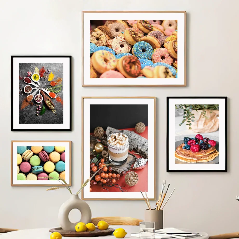 Coffee Cake Croissant Donut Macarons Posters Prints Canvas Painting Nordic Wall Art Pictures for Kitchen Dessert Shop Room Decor