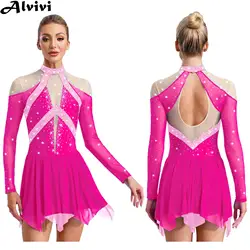 Women Figure Skating Performance Costume Sheer Mesh Rhinestones Leotard Dress for Modern Lyrical Dance Gymnastics Acrobatics