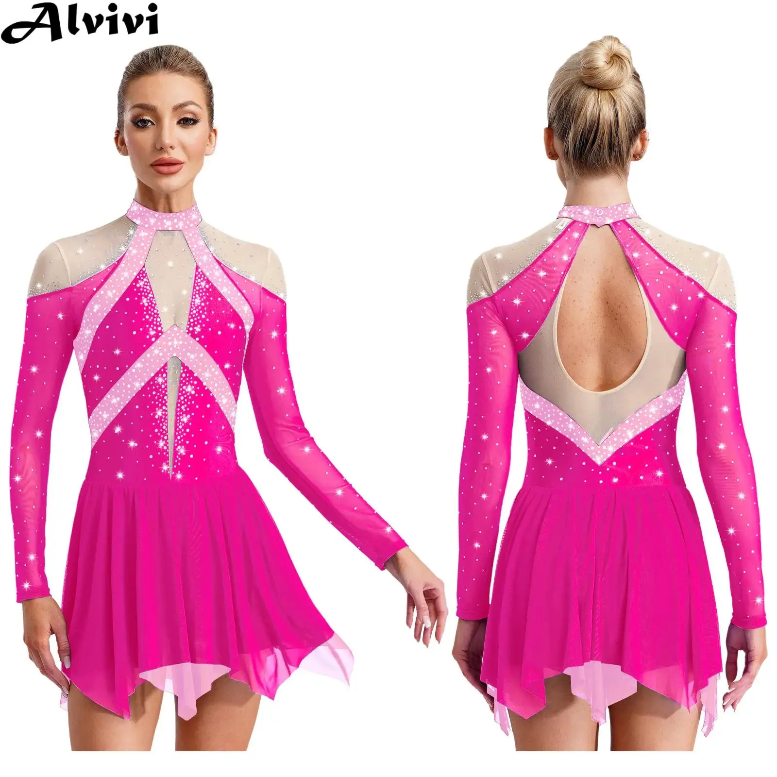 Women Figure Skating Performance Costume Sheer Mesh Rhinestones Leotard Dress for Modern Lyrical Dance Gymnastics Acrobatics