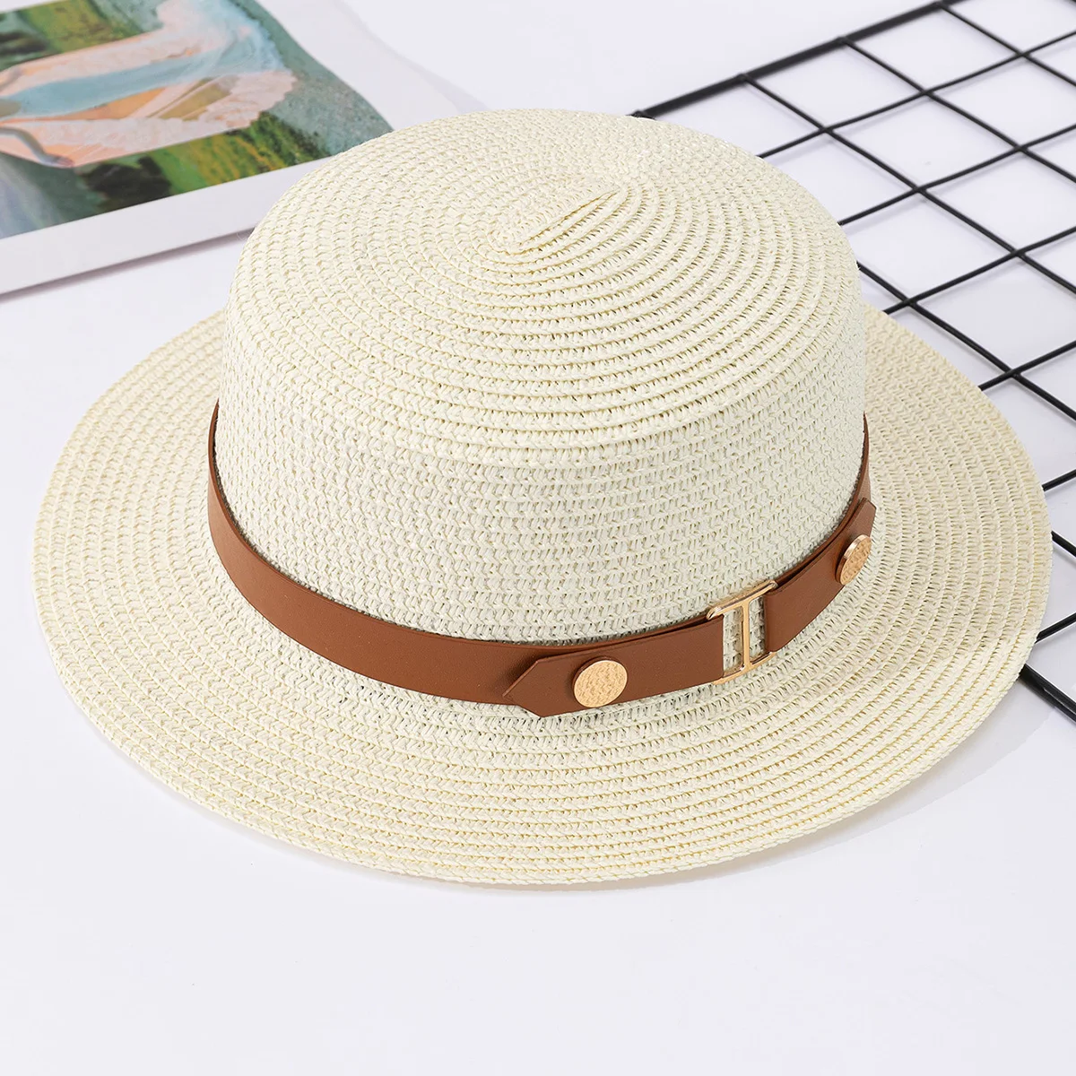 French British Belt Summer Flat Top Hat Women\'s Big Head Waist Beach Top Hat Beach Holiday Sunshade Sunscreen Straw Hat