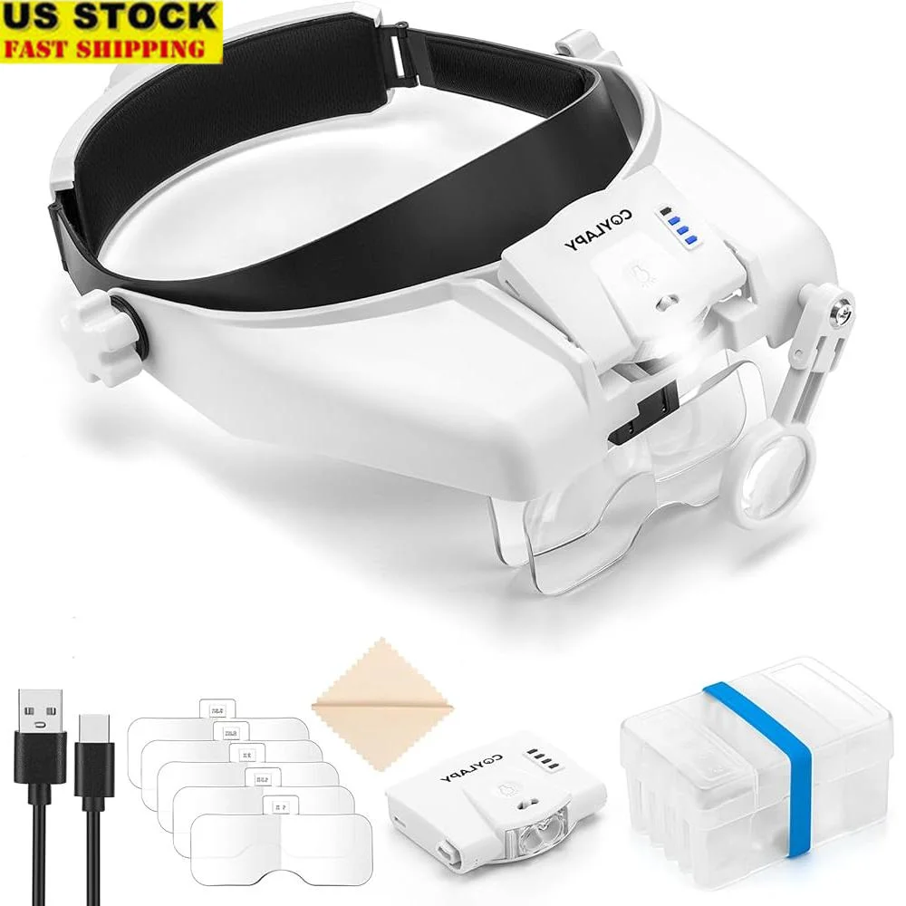 Hands-Free Magnifying Glasses with Light 14X Magnification Adjustable Headband two LED Lights Jewelers Hobbyists Crafts