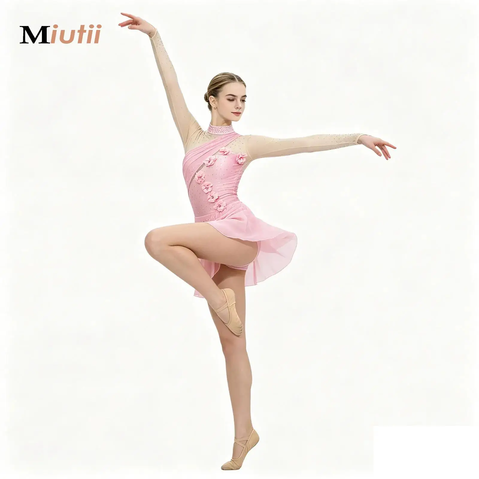 

Women Applique Lyrical Contemporary Dancewear Long Sleeve Chiffon Hem Dress Skirted Artistic Skating Gymnastic Costume Ballet