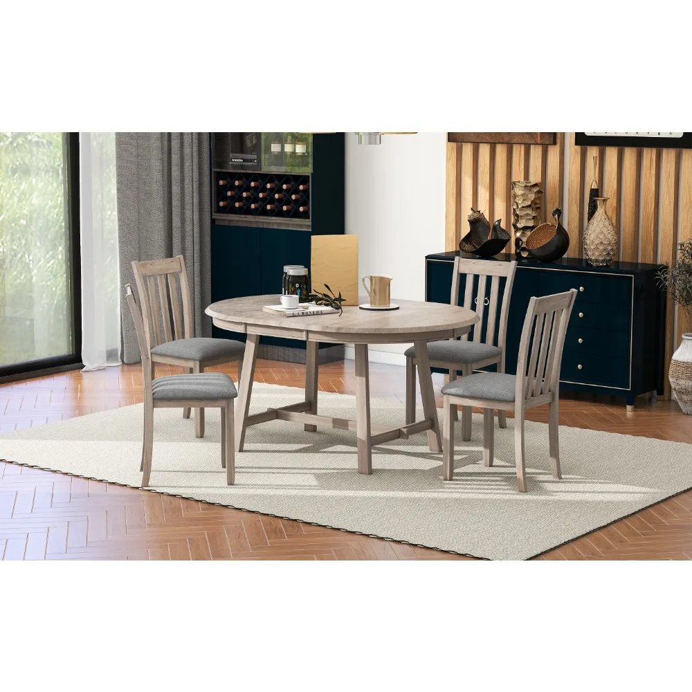 

5-Piece Wood Dining Table Set Round Extendable Dining Table with 4 Chairs, Dining Room Tables Set for 4 person