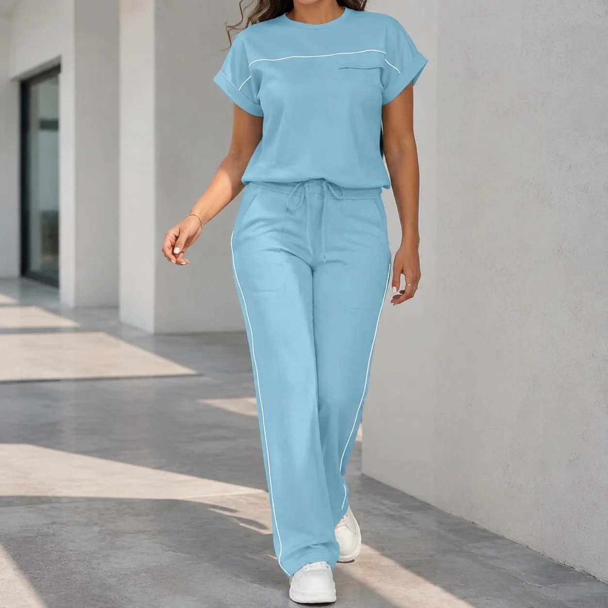 Casual Wrinkle Set Full Length Japanese Korean Casual with Regular Sleeve T Shirt Top Summer Long Pants Short Sleeve Women Sets