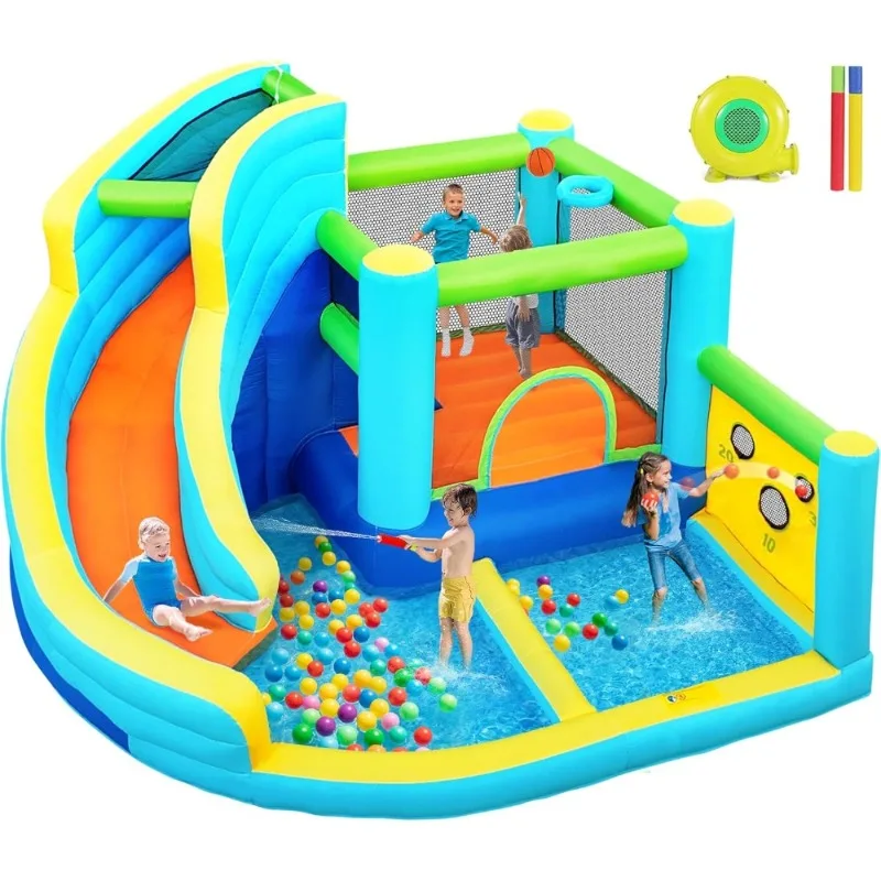 

Inflatable Bounce House Water Slide Park with Ball Shooter Climbing Wall Splash Pool and 450W Air Blower for Outdoor