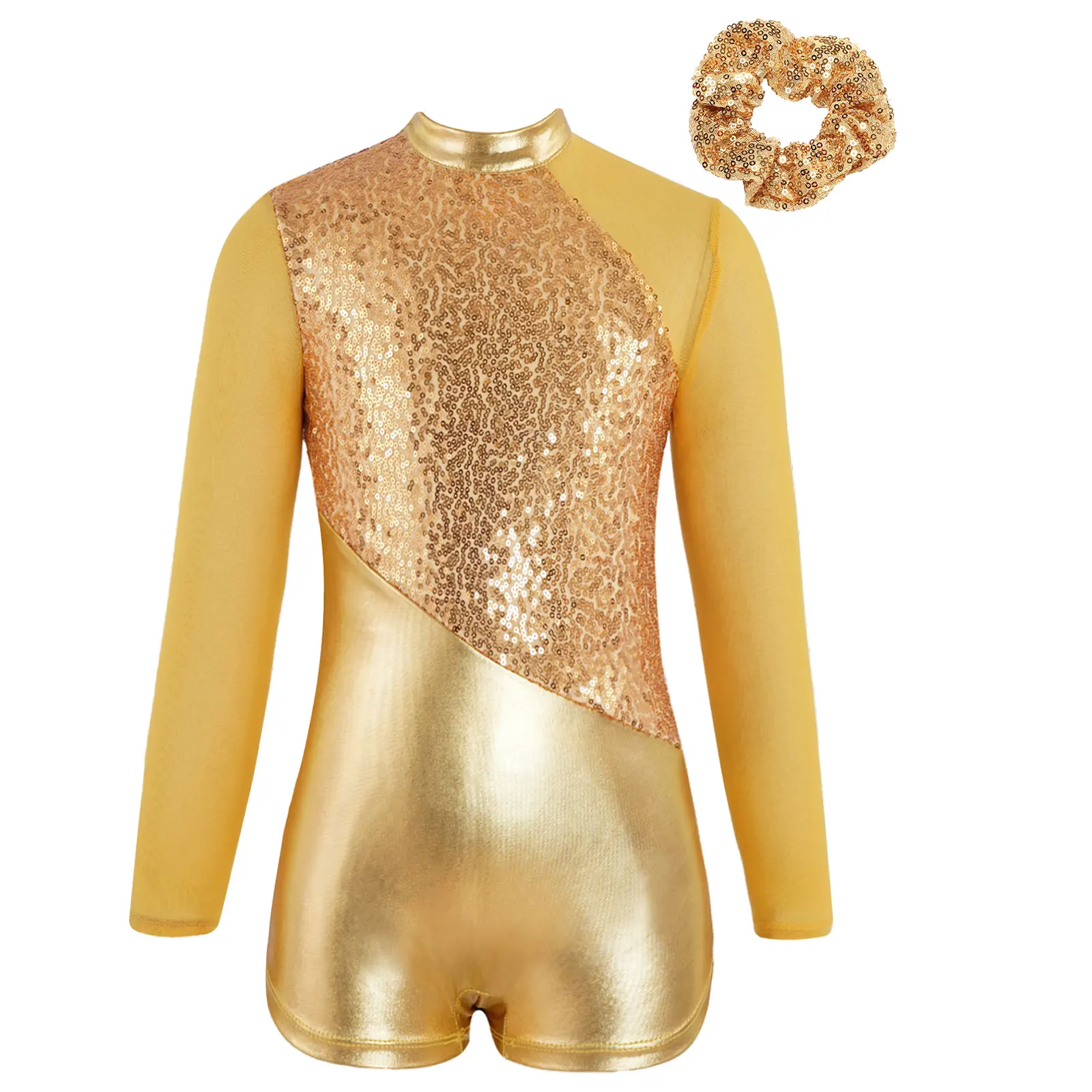 

Kids Girls Ballet Dance Unitard Outfit Gymnastics Leotards Shiny Sequin Metallic Patchwork Long Sleeve Leotard+Hair Tie Headwear