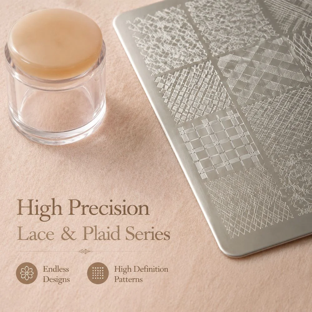 1Pc Delicate Lace Nail Stamp Plate Houndstooth Diamond Plaid Tassel Fringe Lace Ribbon Pattern Salon Manicure Tool