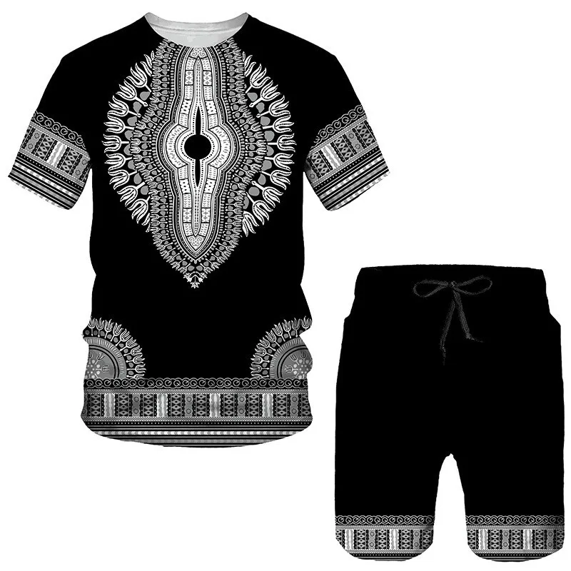 2025 Summer 3D Tribal Print New Men's and Women's Round Neck Short Sleeved Shorts Set Daily Casual Two-piece Set