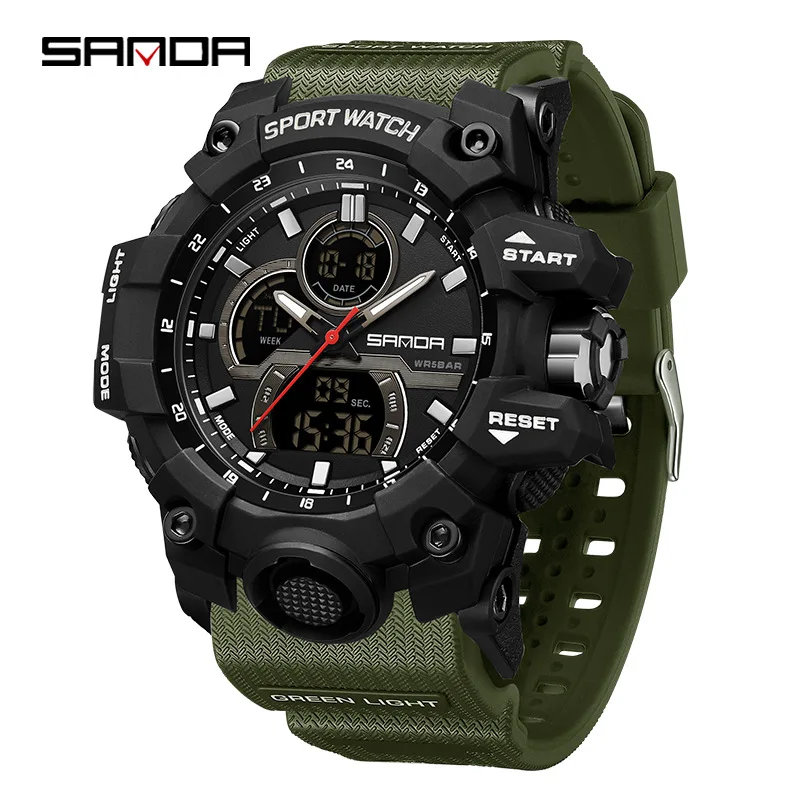 SANDA 6198 Men\'s Electronic Watch Fashion Cool Outdoor Sports Waterproof Dual Display Silicone Strap Wrist Watches for Men Boy