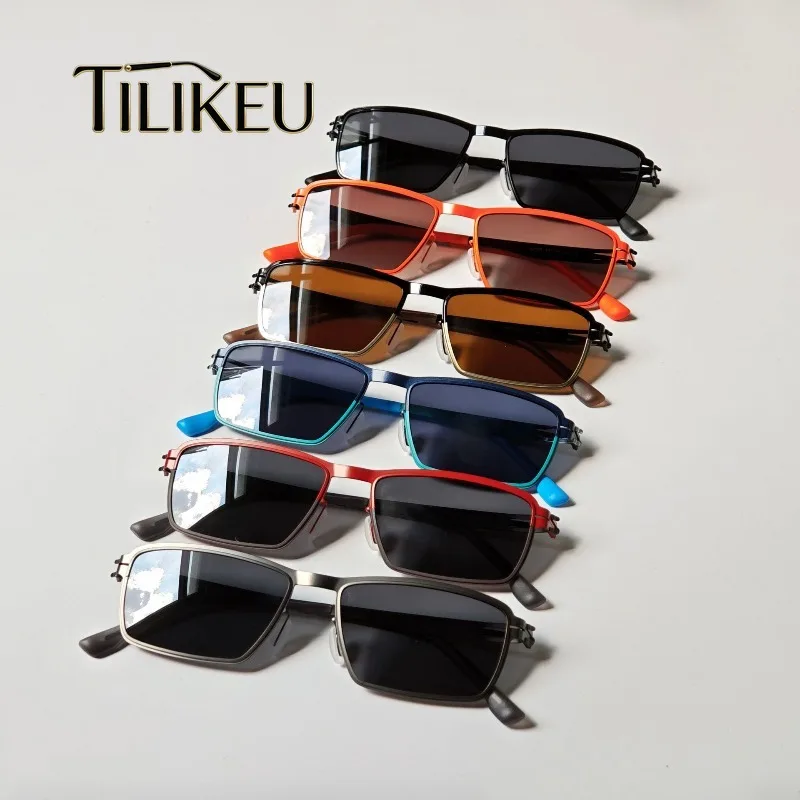 German Ultra-thin Steel Screwless Sunglasses For Men's Outdoor Driving Anti Glare Polarized Shades UV400 Rectangular Sun Glasses