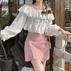 Off-shoulder Blouses Women Cropped Ruffles Princess Classic Design Sweet Elegant Tender Holiday Girlish French Chic Blusas Mujer