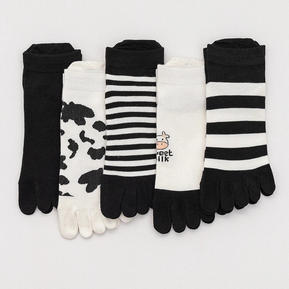 5 Pairs Cute Cow Print Toe Socks Women Kawaii Five Finger Socks Summer Short Ankle Socks with Separate Fingers Korean Fashion