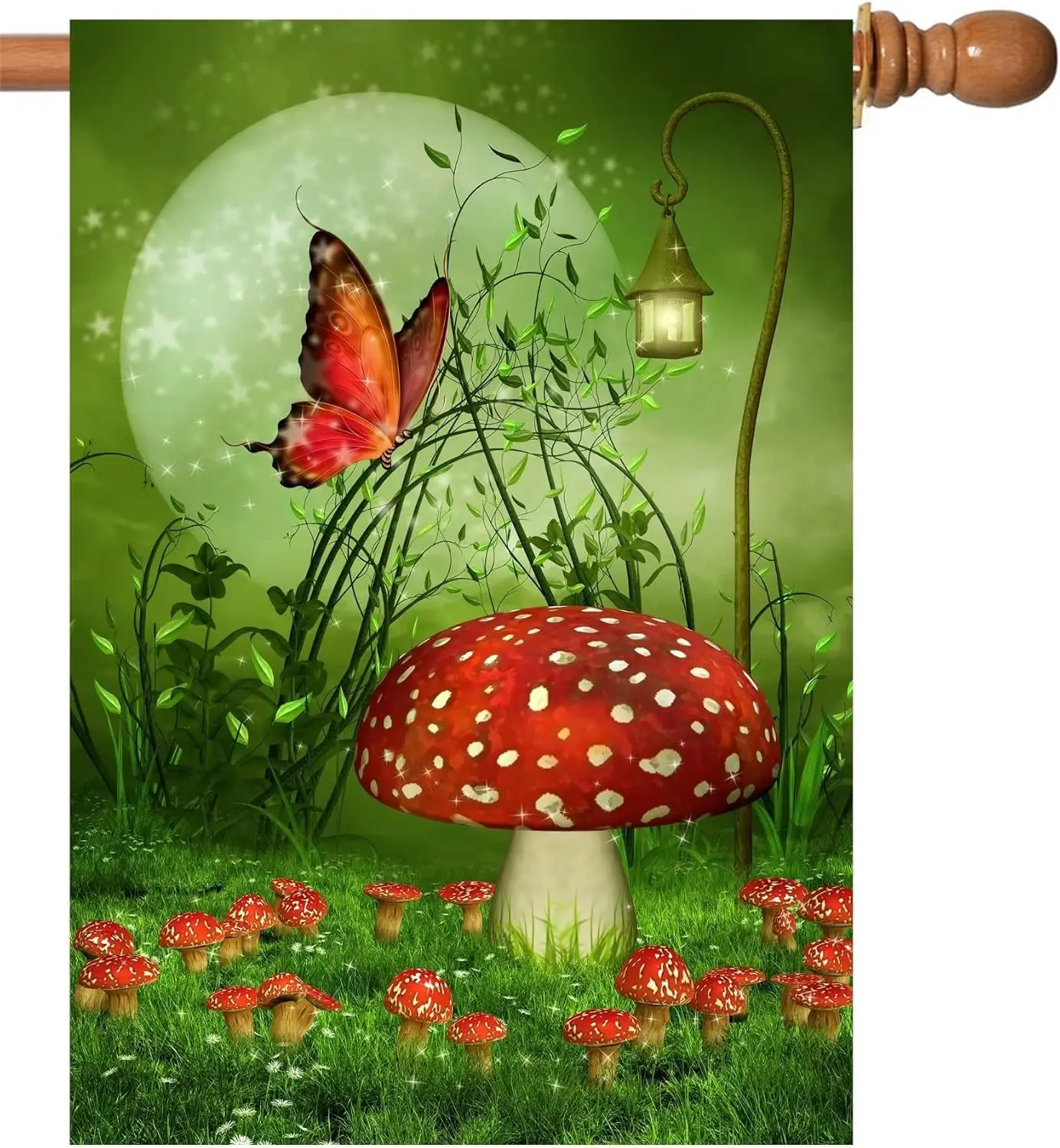 Fantasy Farm with Mushrooms Lamps Flowers Trees Moon and Butterfly House Flag 28 X 40 Inch Double Sided Garden Yard