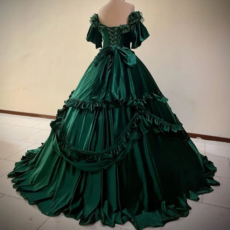 맞춤형 심플 블랙빛 녹색 킨세아녜라 드레스 오프숄더 아플리케 레이어링 롱테일 보우 베스티도 15 킨세아녜라