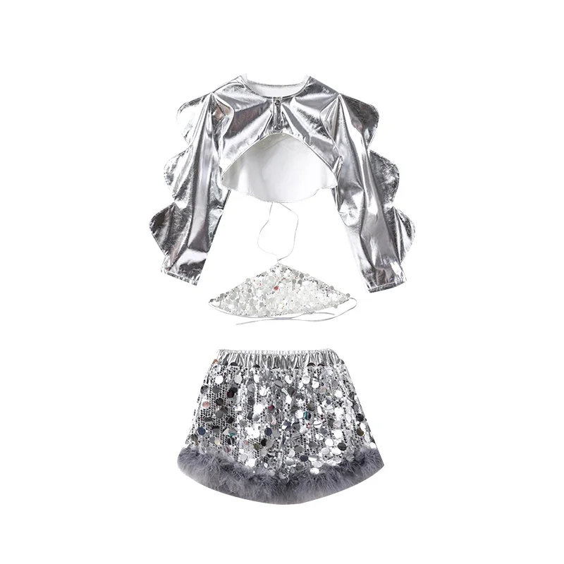 Ragazze Paillettes Crop Top Pantaloncini da ballo di strada Gonne per bambini Hip Hop Jazz Pantaloni argento Set di vestiti Bambino Streetwear Costumi K-pop
