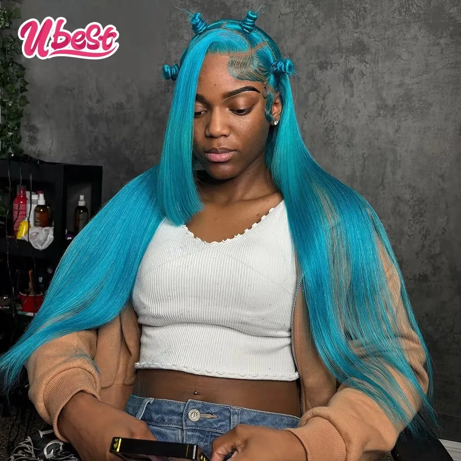 

Ubest Light Blue Colored Straight 13x6 Lace Front Wigs Brazilian 100％ Human Hair Transparent Glueless Wig Pre Plucked For Women