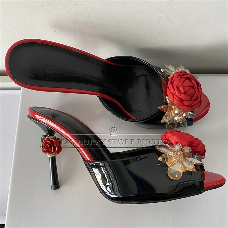 Jeweled Rhinestone Flower Buckle Sandals Women Carved Rose Strange Heel Slingbacks Mules For Girls Summer