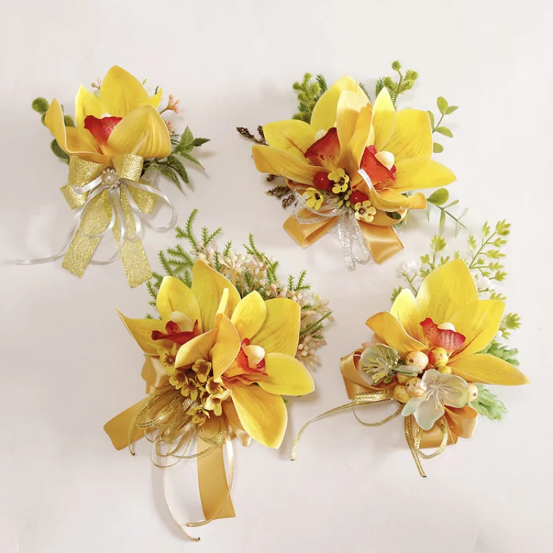 สีเหลืองประดิษฐ์ Boutonnieres ดอกไม้ข้อมือ Corsage แต่งงานอุปกรณ์เสริม Homme งานแต่งงาน Deco